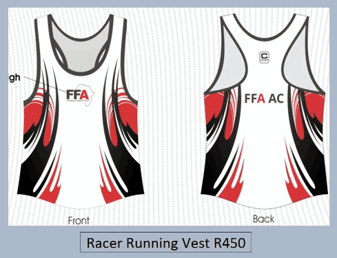 Red, black, and white FFA AC racerback running vest shown from front and back views.